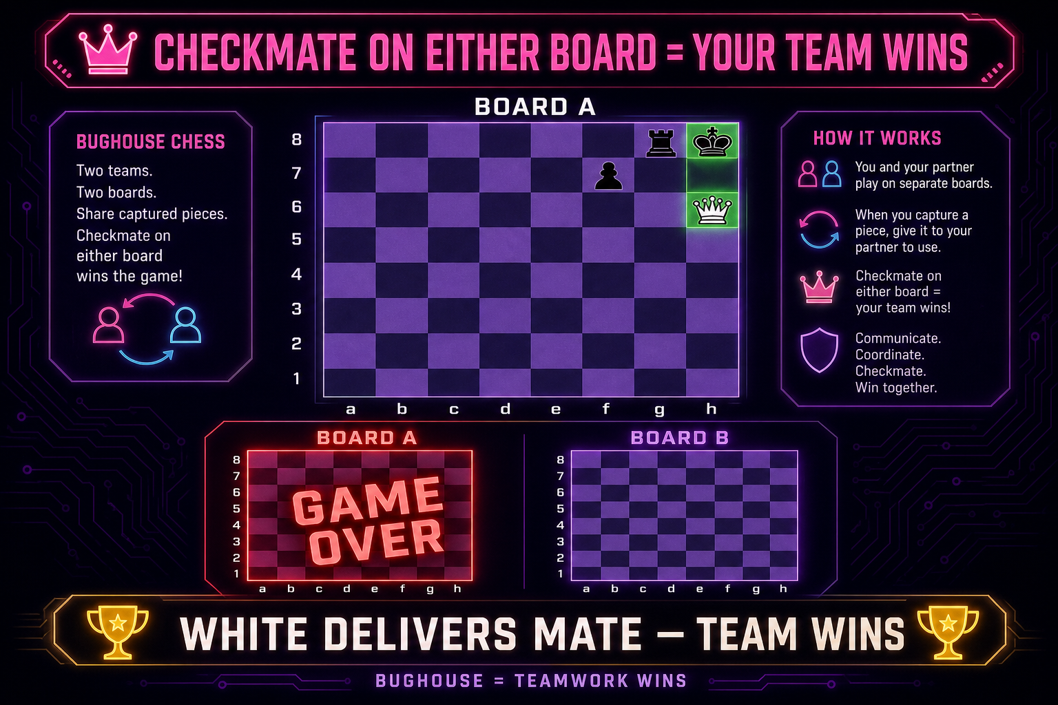 Checkmate on Board A ends the match for the winning team; only two boards exist in bughouse